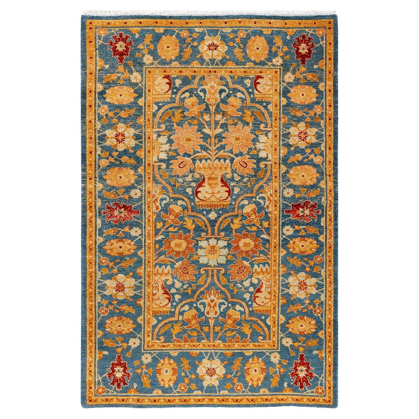 Traditional Floral Hand Knotted Wool Blue Area Rug