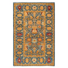 Traditional Floral Hand Knotted Wool Blue Area Rug (Tapis de laine bleu à motifs floraux)