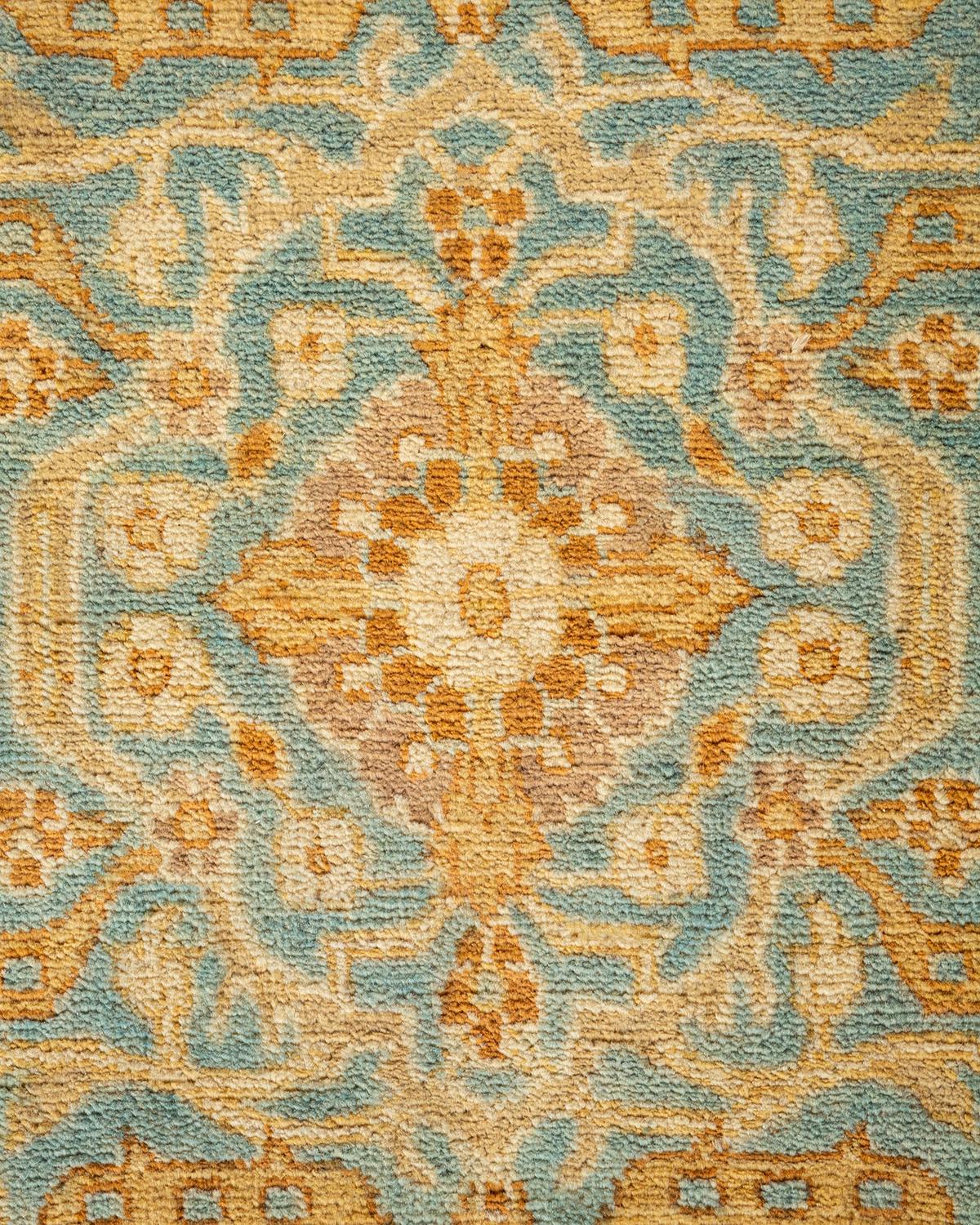 Pakistani Traditional Floral Hand Knotted Wool Blue Runner For Sale