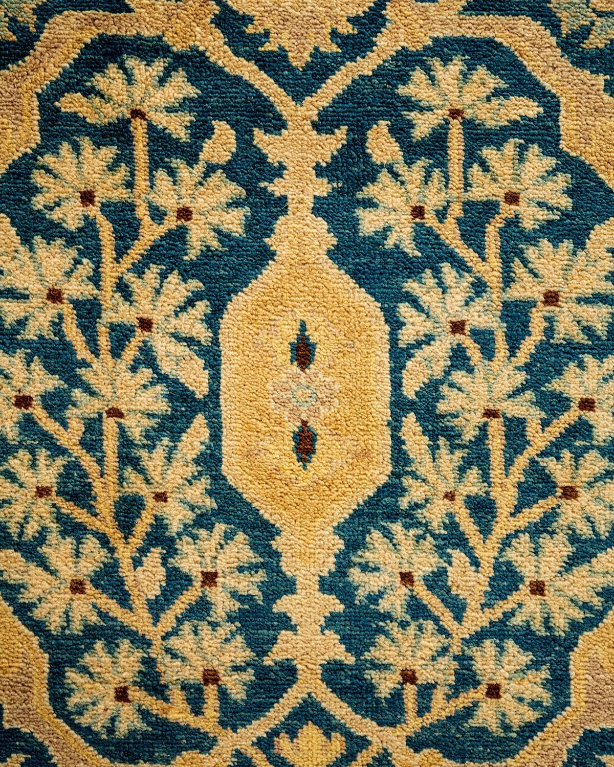 Pakistani Traditional Floral Hand Knotted Wool Blue Runner For Sale