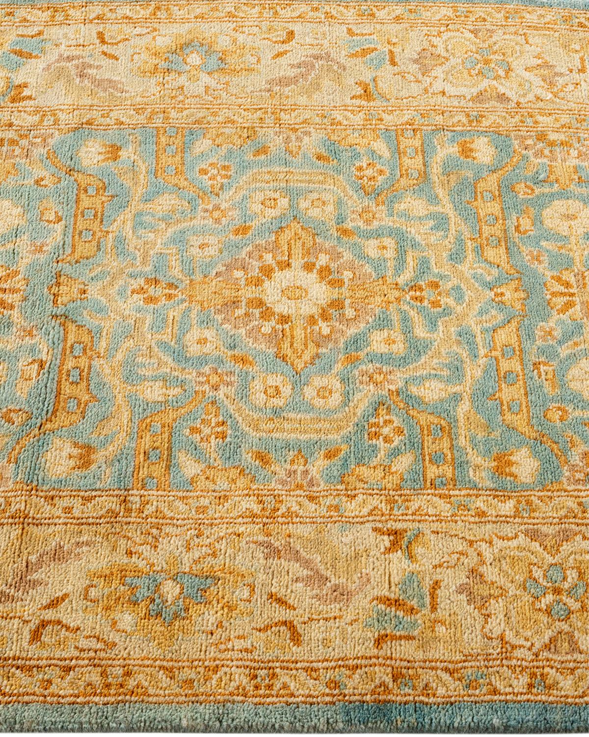 Traditional Floral Hand Knotted Wool Blue Runner In New Condition For Sale In Norwalk, CT