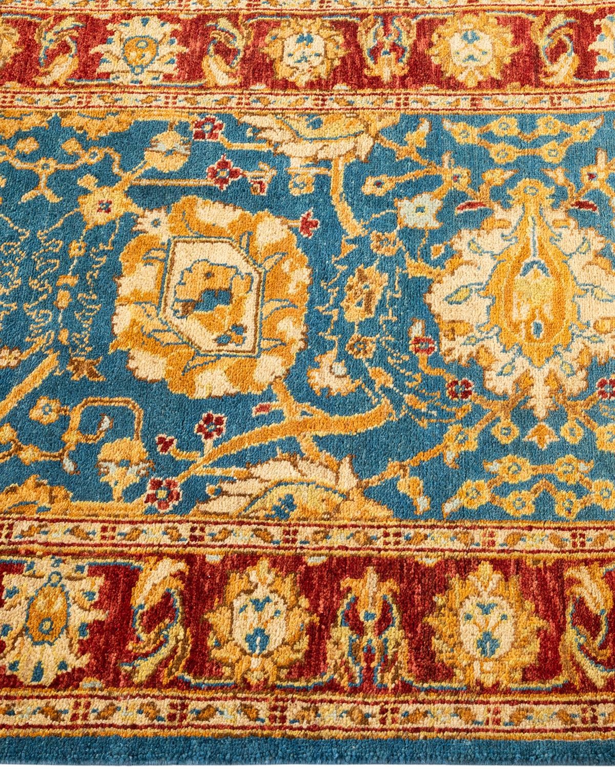 Traditional Floral Hand Knotted Wool Blue Runner In New Condition For Sale In Norwalk, CT