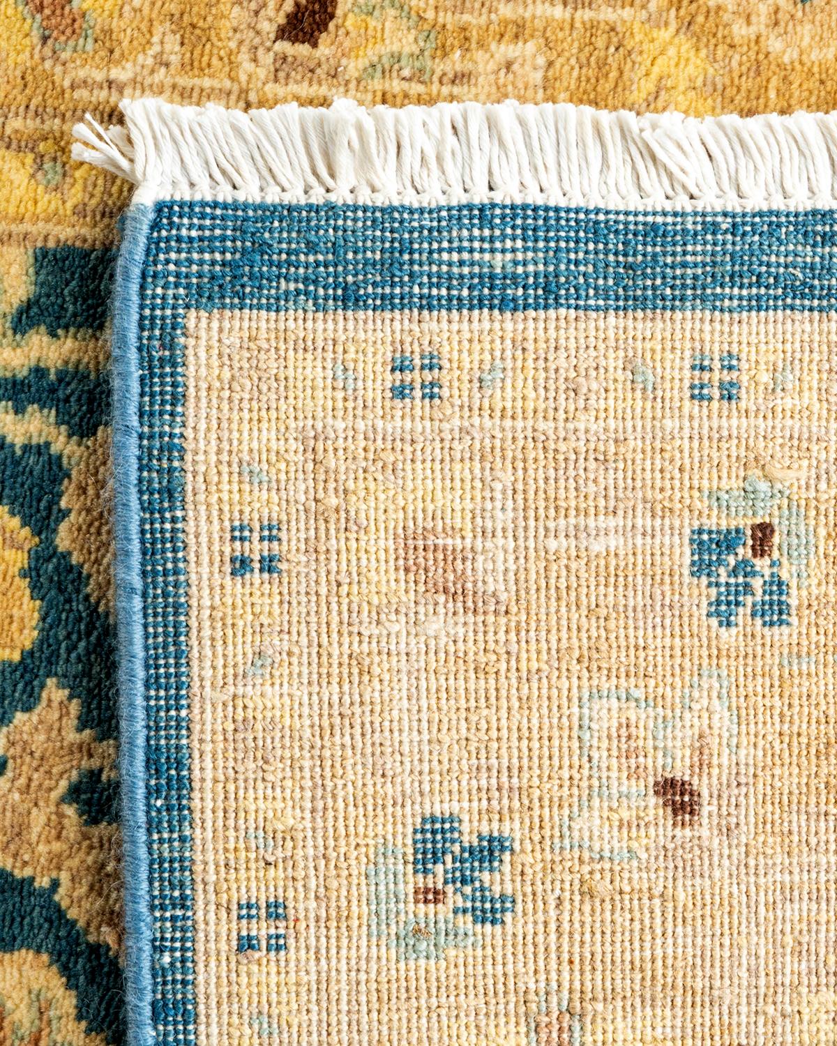 Contemporary Traditional Floral Hand Knotted Wool Blue Runner For Sale