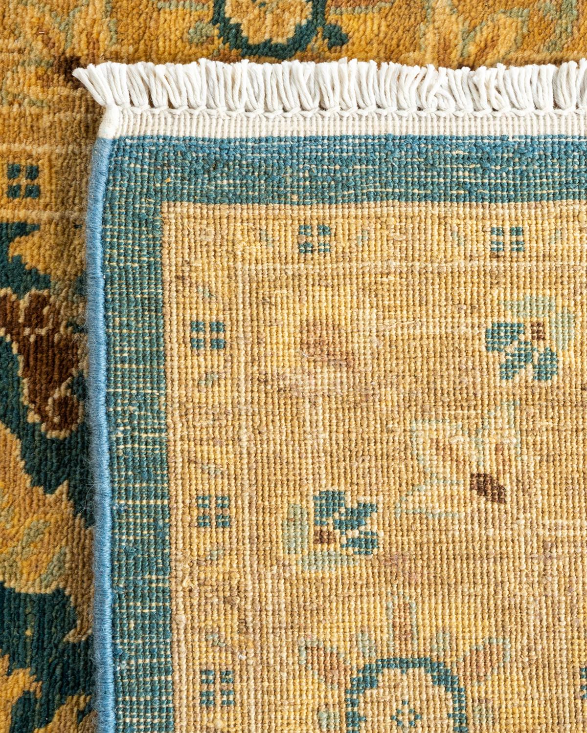 Contemporary Traditional Floral Hand Knotted Wool Blue Runner For Sale