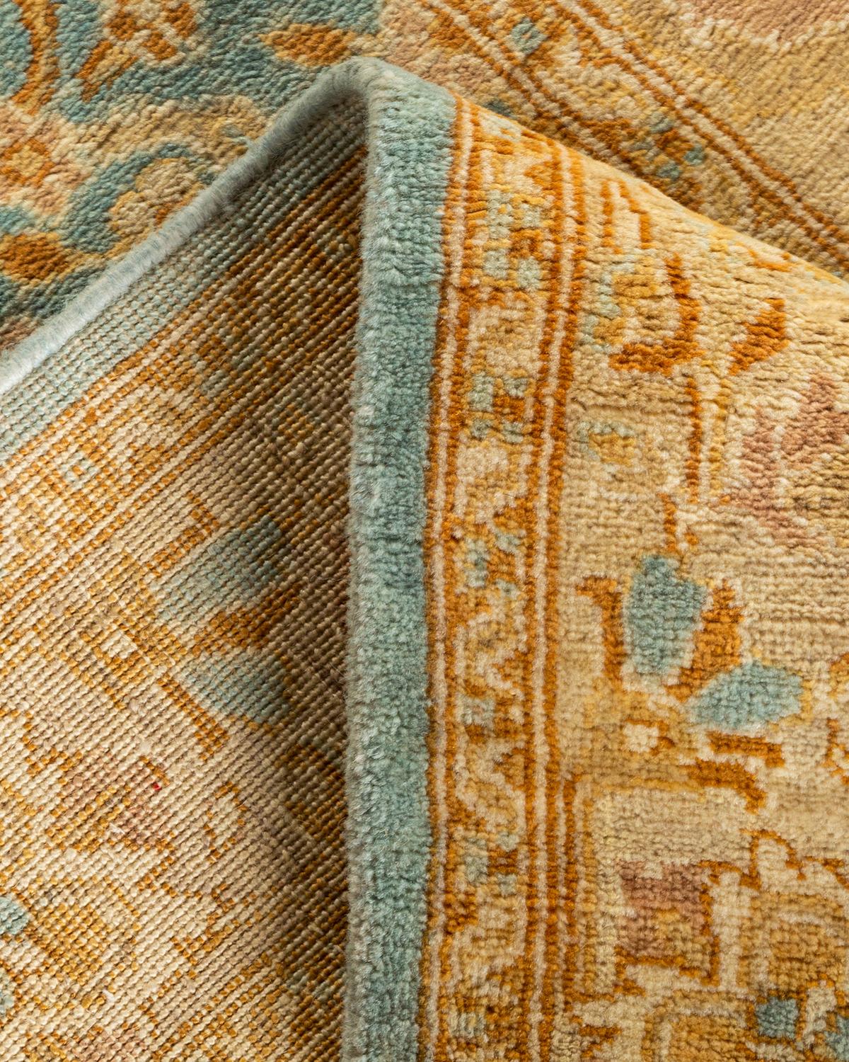 Traditional Floral Hand Knotted Wool Blue Runner For Sale 1