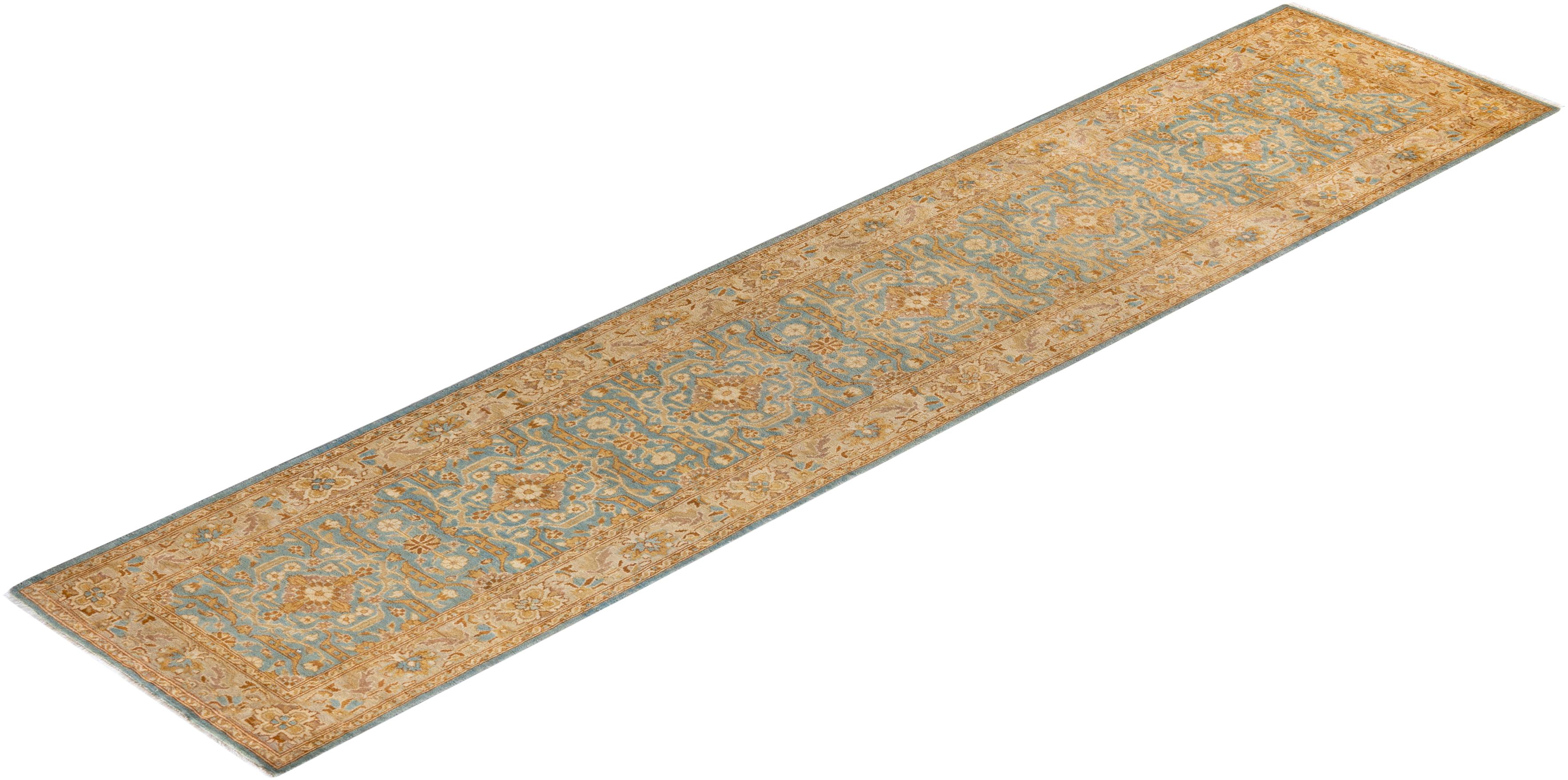 Traditional Floral Hand Knotted Wool Blue Runner For Sale 3