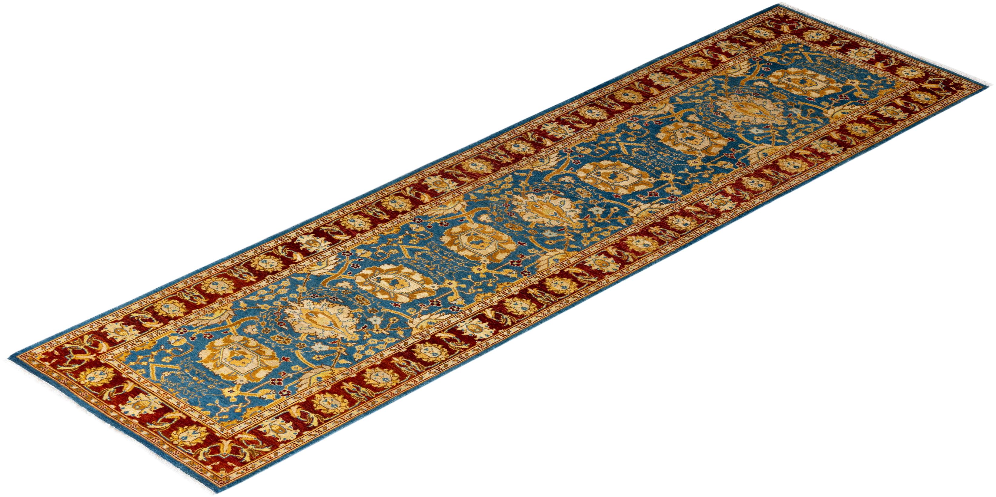 Traditional Floral Hand Knotted Wool Blue Runner For Sale 3