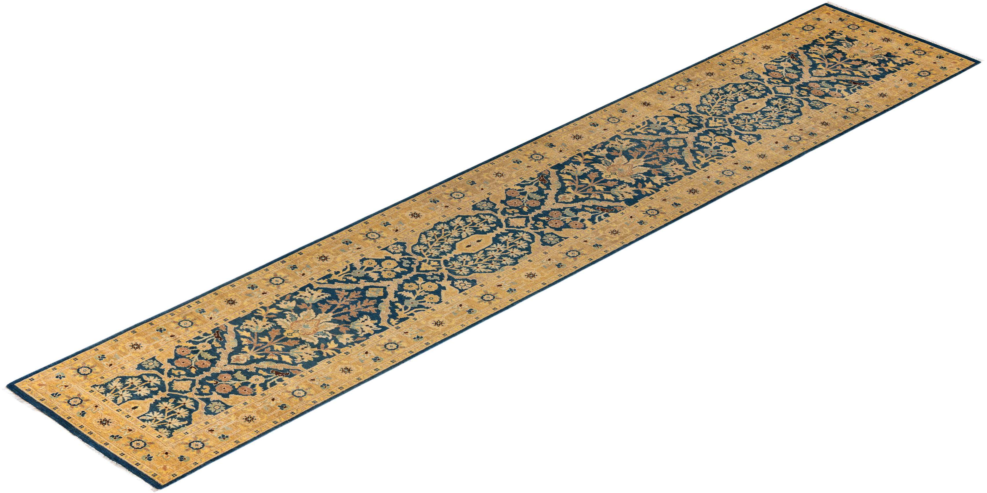 Traditional Floral Hand Knotted Wool Blue Runner For Sale 3