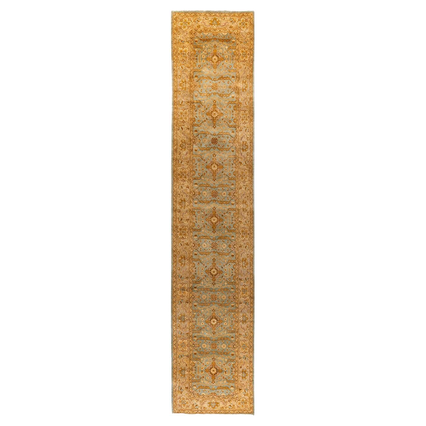 Traditional Floral Hand Knotted Wool Blue Runner For Sale