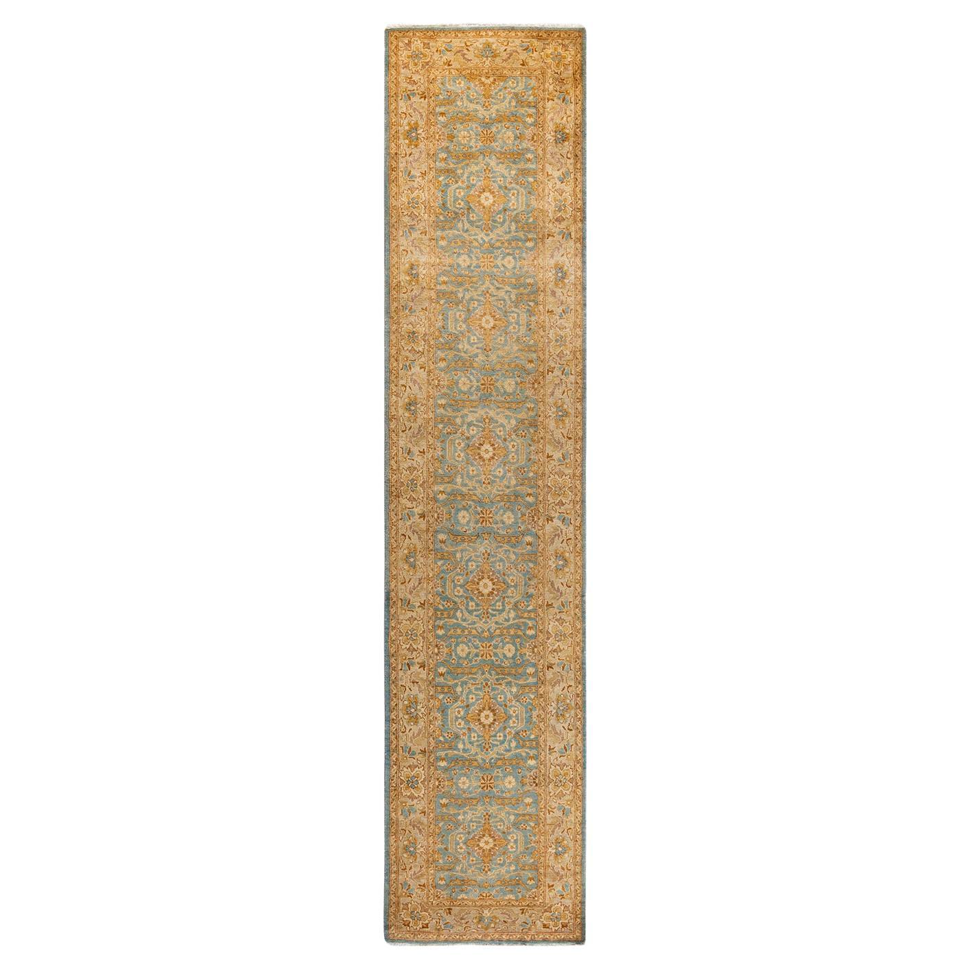 Traditional Floral Hand Knotted Wool Blue Runner