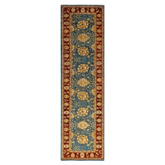 Traditional Floral Hand Knotted Wool Blue Runner