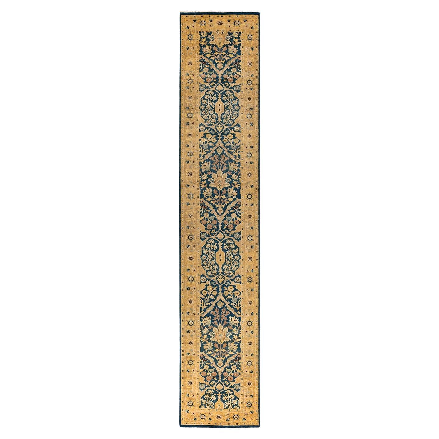 Traditional Floral Hand Knotted Wool Blue Runner For Sale