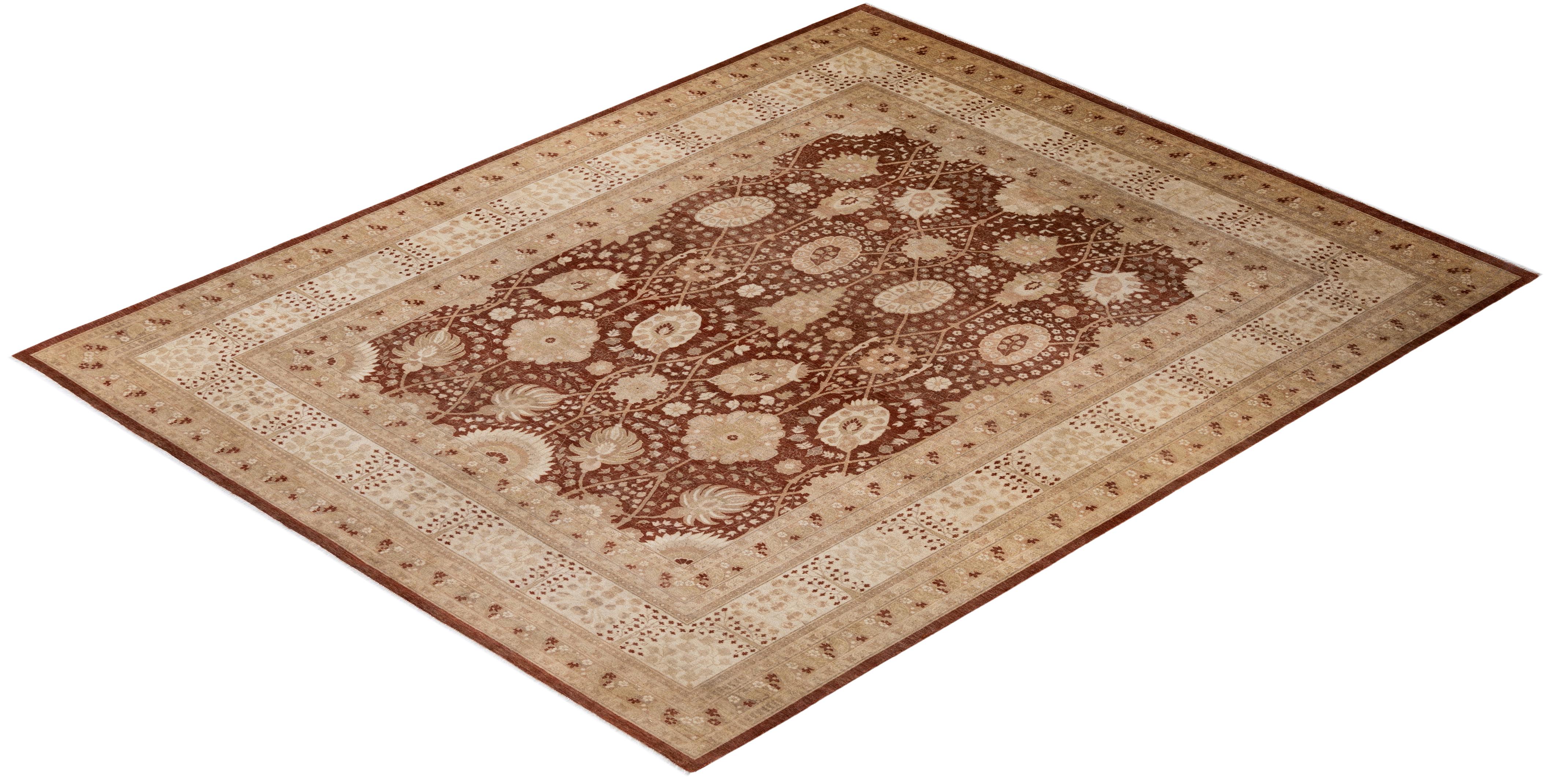 Traditional Floral Hand Knotted Wool Brown Area Rug For Sale 3