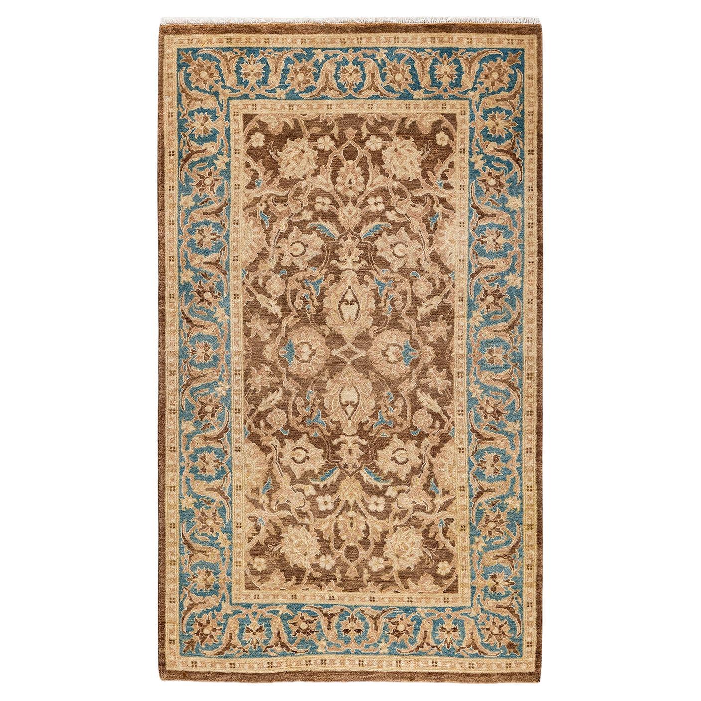 Traditional Floral Hand Knotted Wool Brown Area Rug