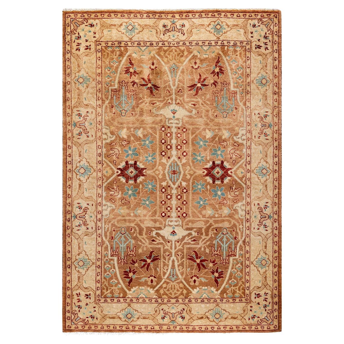 Traditional Floral Hand Knotted Wool Brown Area Rug For Sale