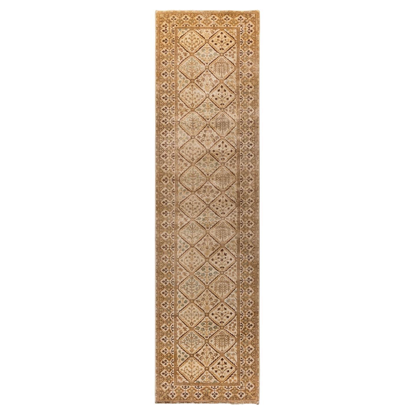 Traditional Floral Hand Knotted Wool Brown Runner For Sale