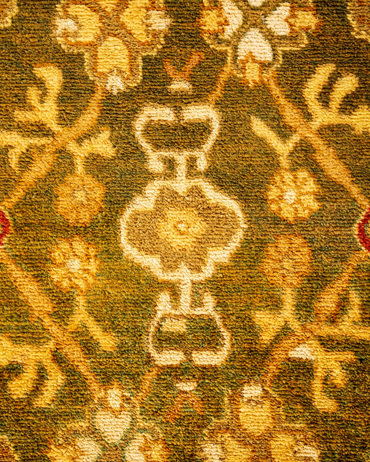 Pakistani Traditional Floral Hand Knotted Wool Gold Area Rug For Sale