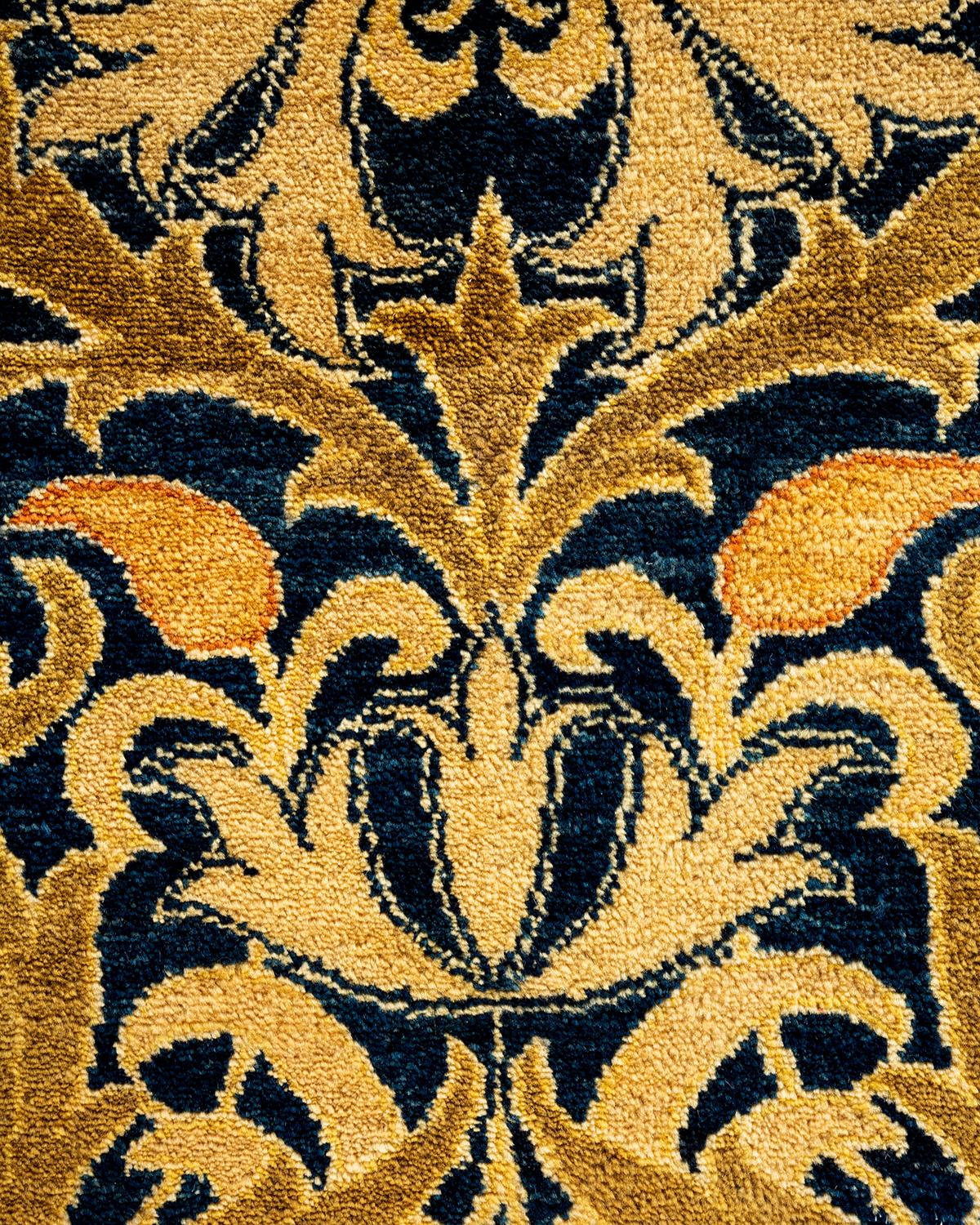 Pakistani Traditional Floral Hand Knotted Wool Gold Area Rug For Sale