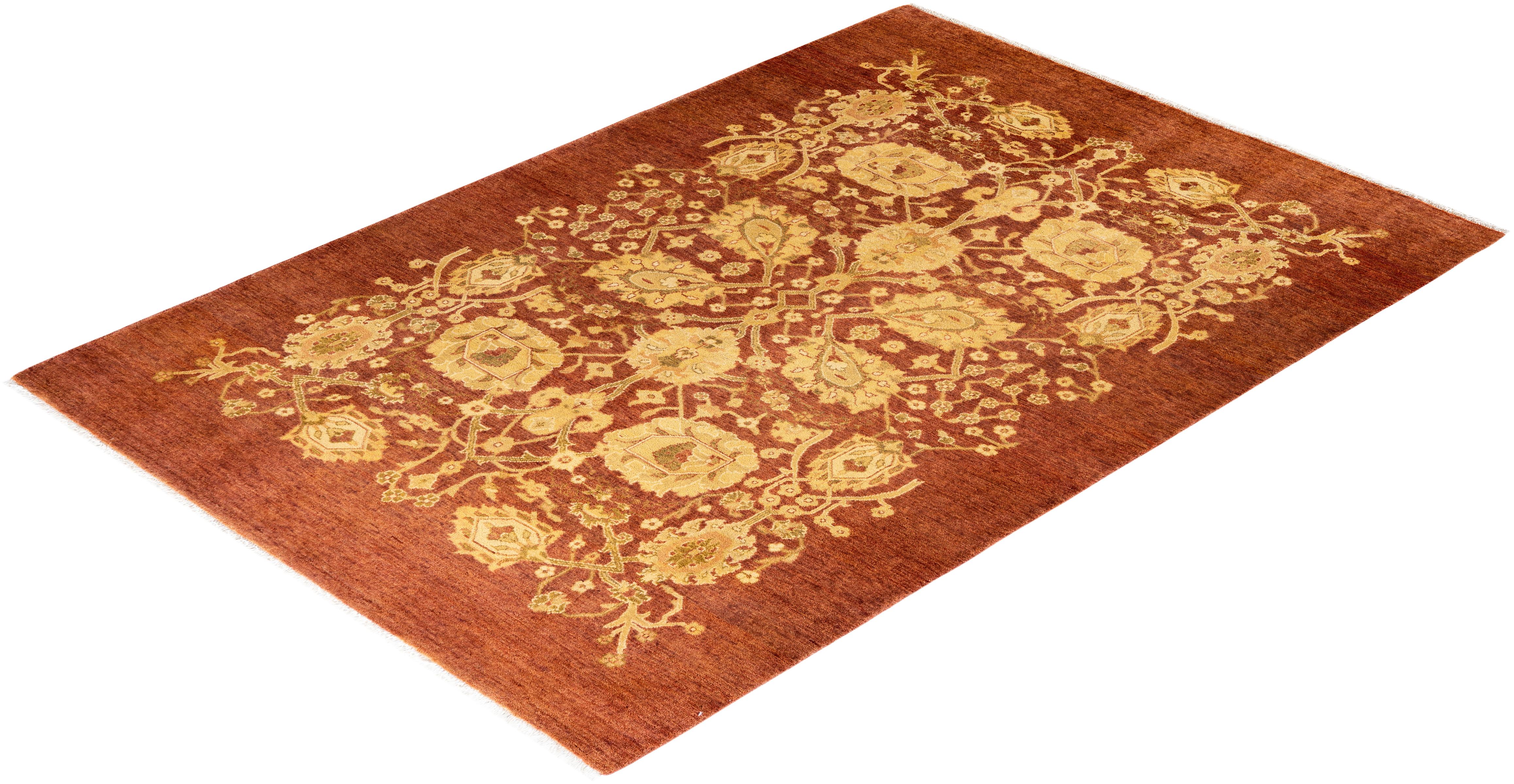 Traditional Floral Hand Knotted Wool Gold Area Rug For Sale 3