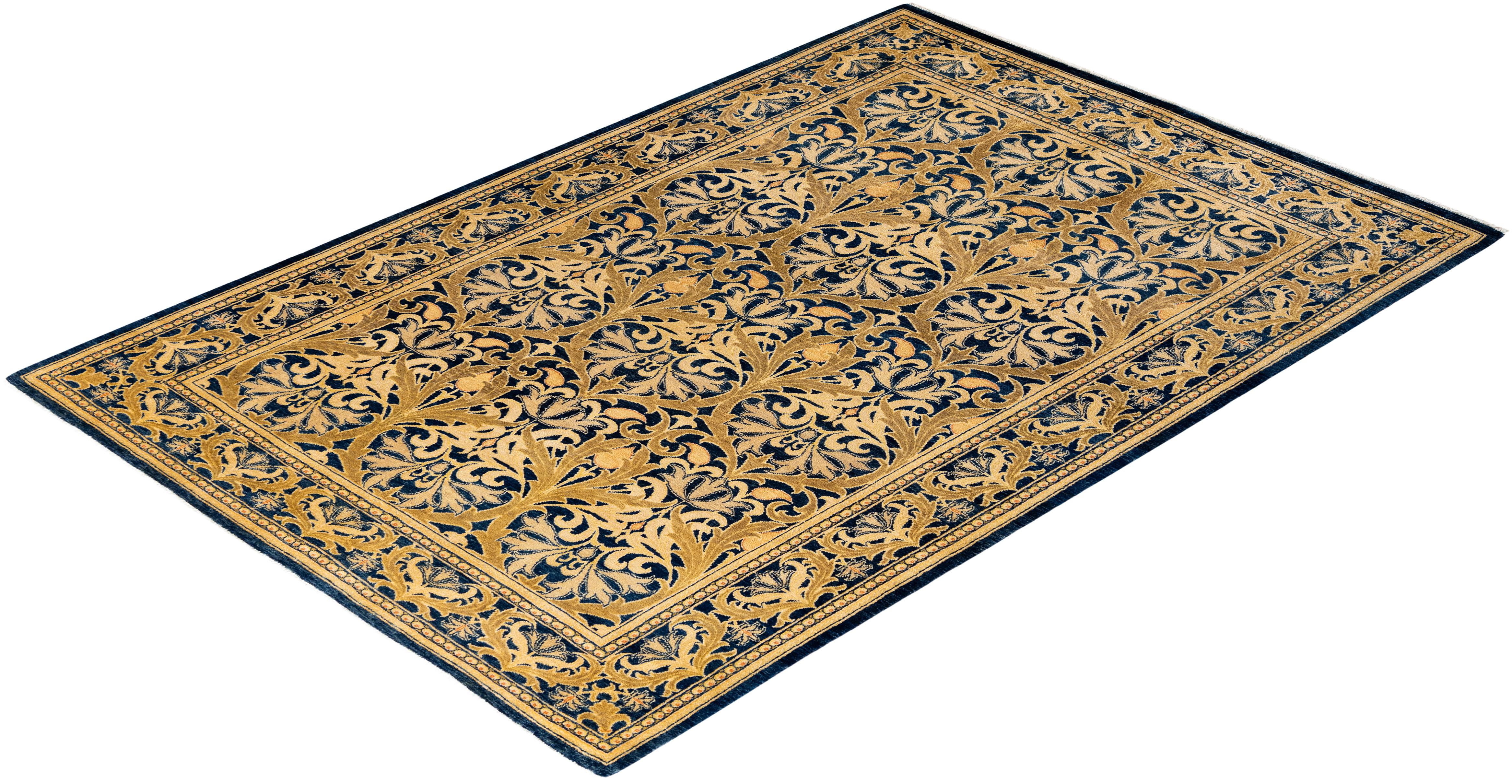 Traditional Floral Hand Knotted Wool Gold Area Rug For Sale 3