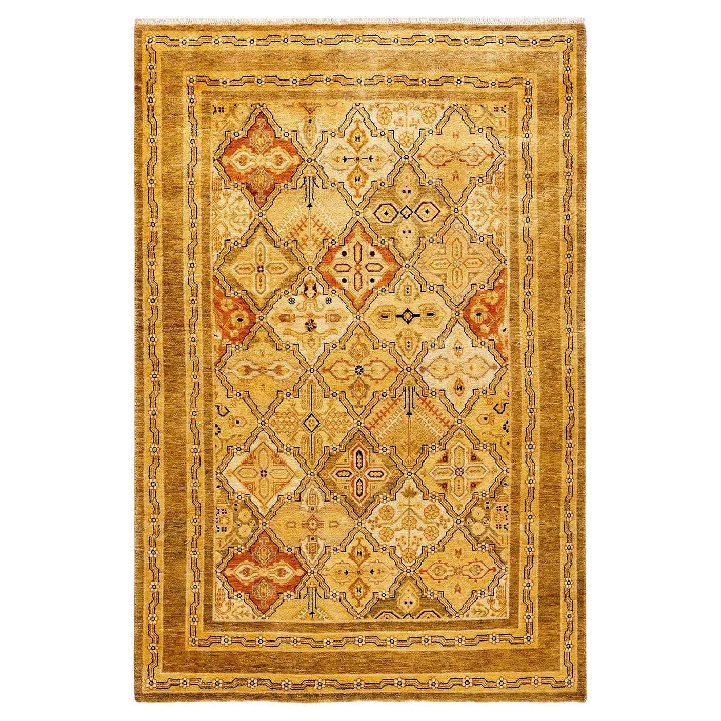 Traditional Floral Hand Knotted Wool Gold Area Rug For Sale