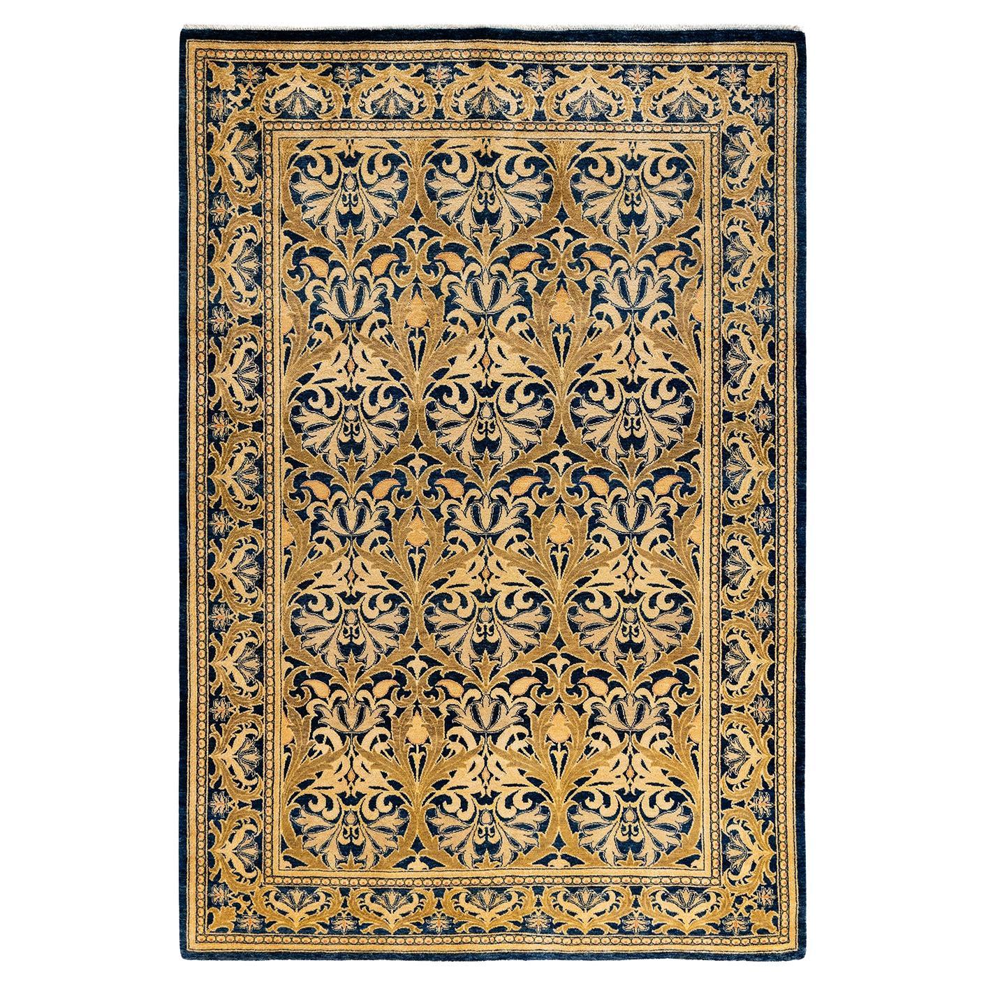 Traditional Floral Hand Knotted Wool Gold Area Rug