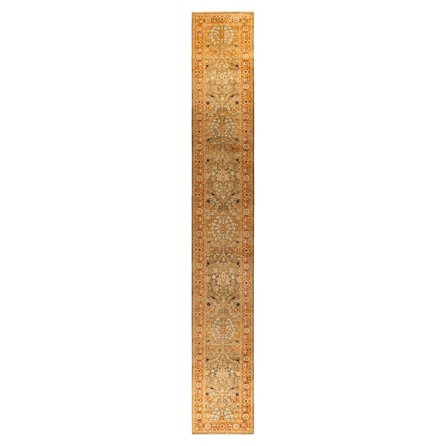 Traditional Floral Hand Knotted Wool Green Runner