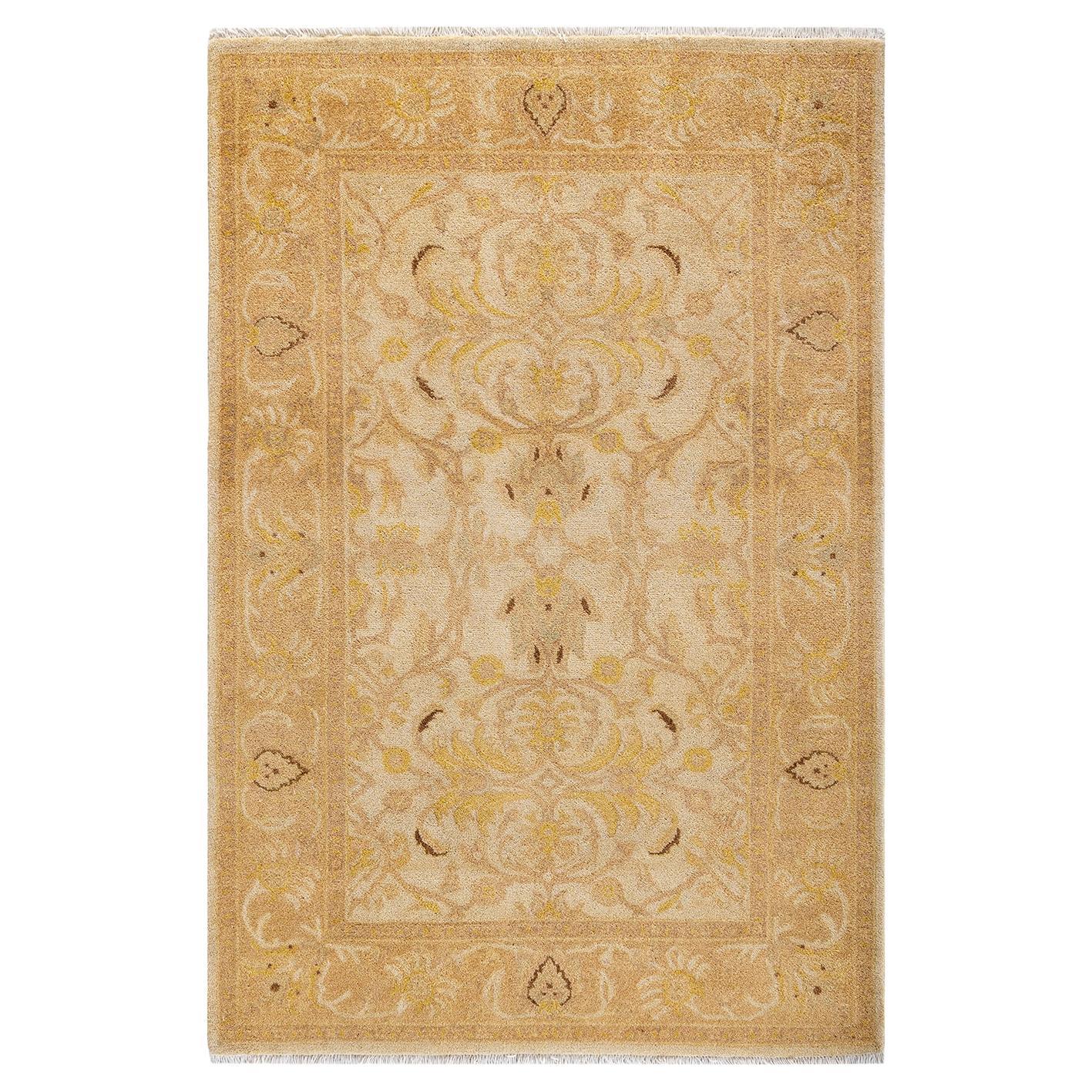 Traditional Floral Hand Knotted Wool Ivory Area Rug For Sale