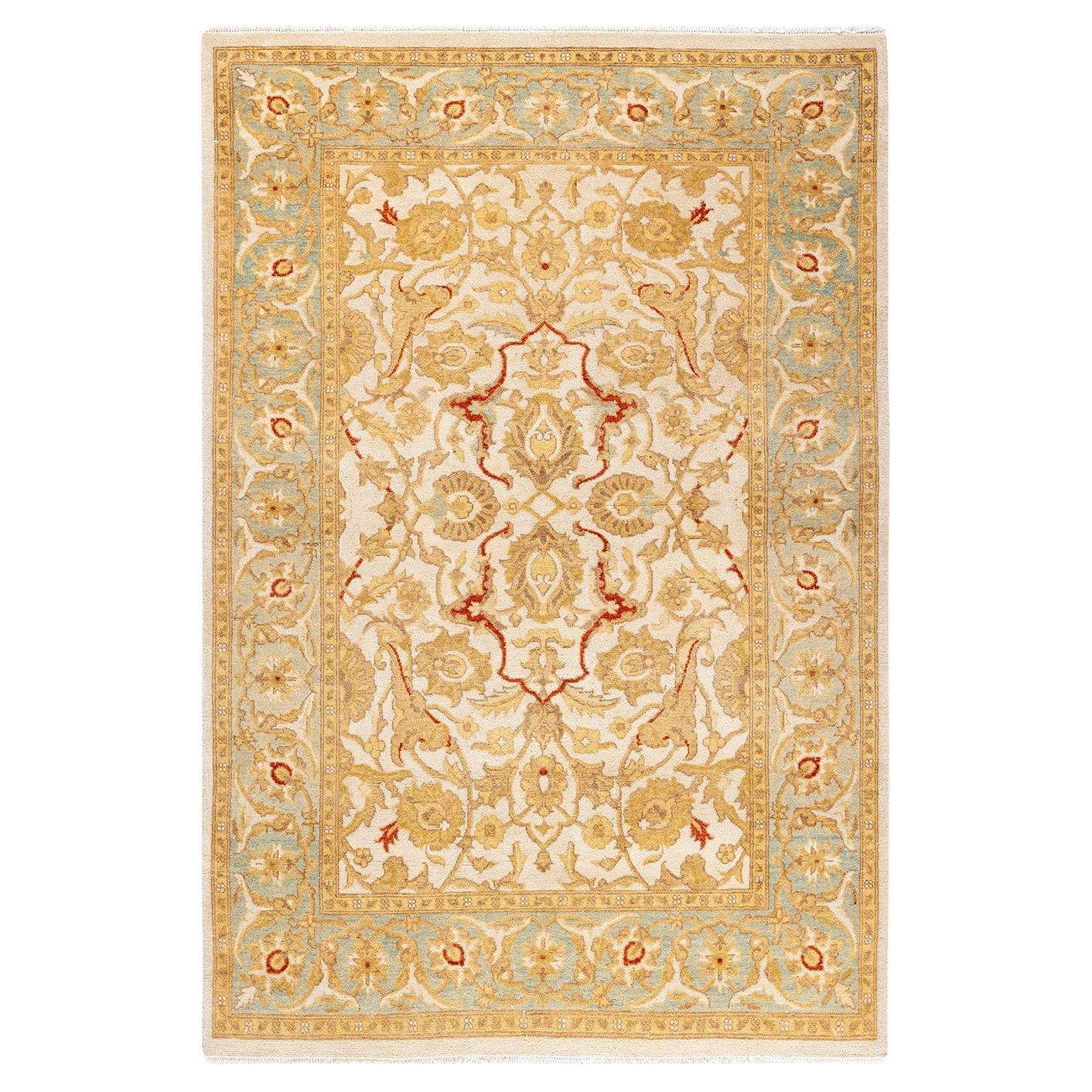 Traditional Floral Hand Knotted Wool Ivory Area Rug
