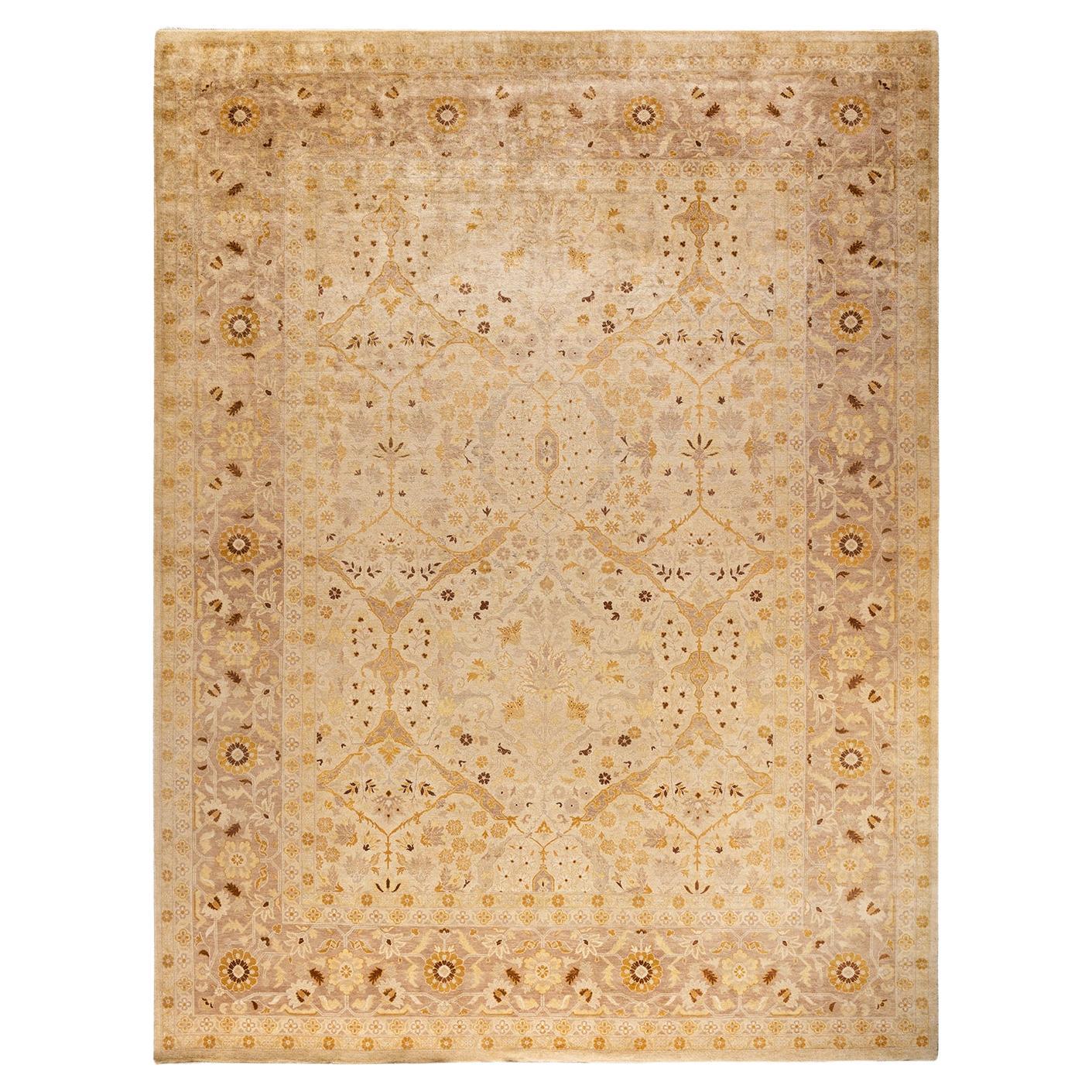Traditional Floral Hand Knotted Wool Ivory Area Rug For Sale