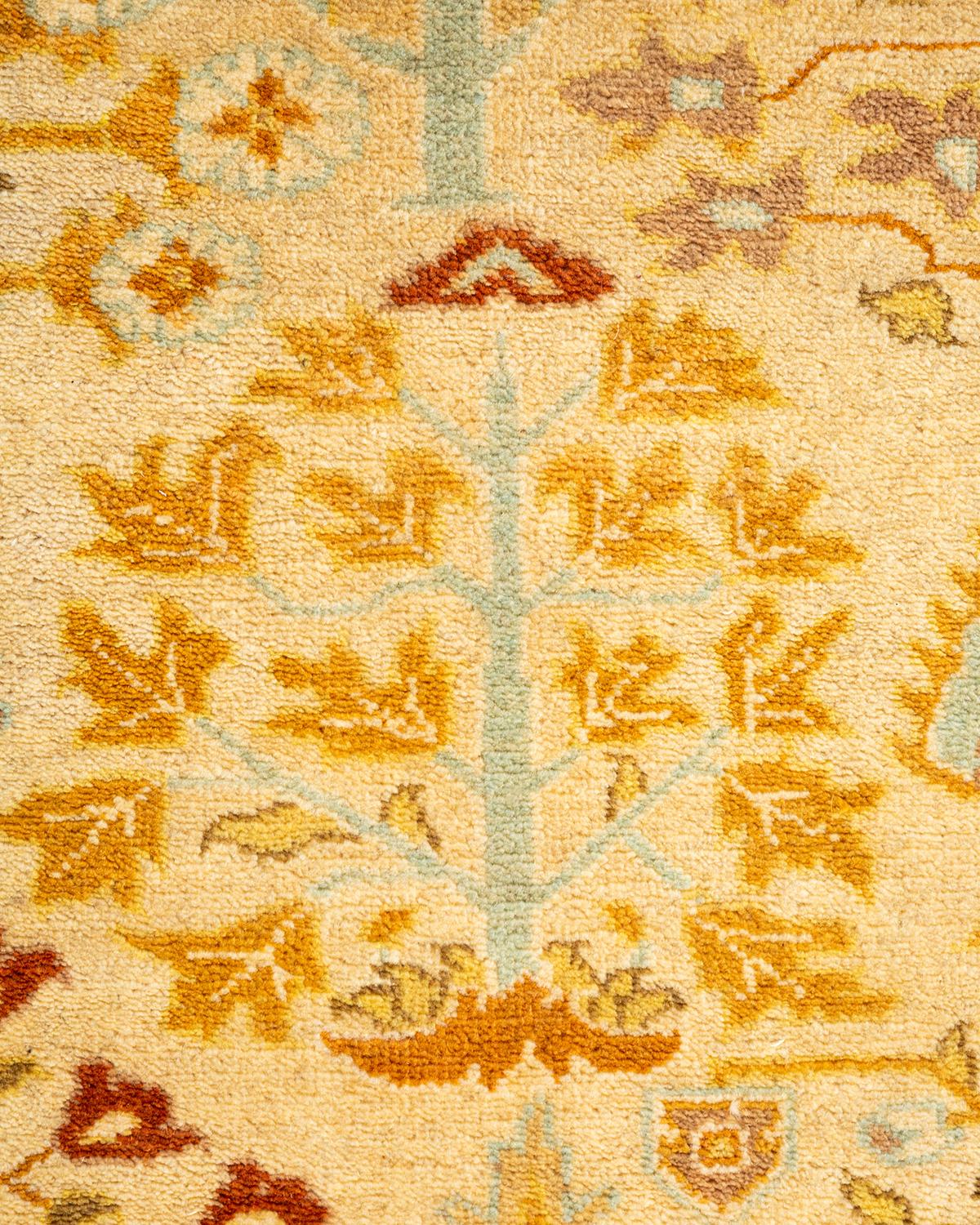 Pakistani Traditional Floral Hand Knotted Wool Ivory Runner For Sale