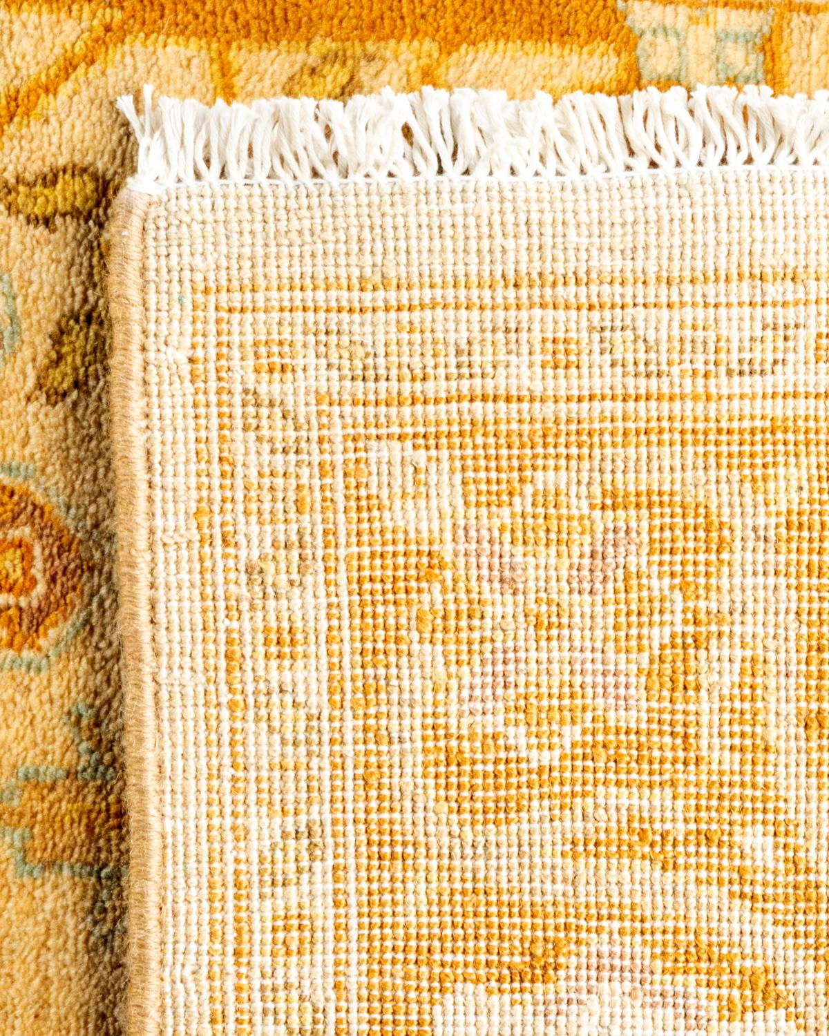 Contemporary Traditional Floral Hand Knotted Wool Ivory Runner For Sale