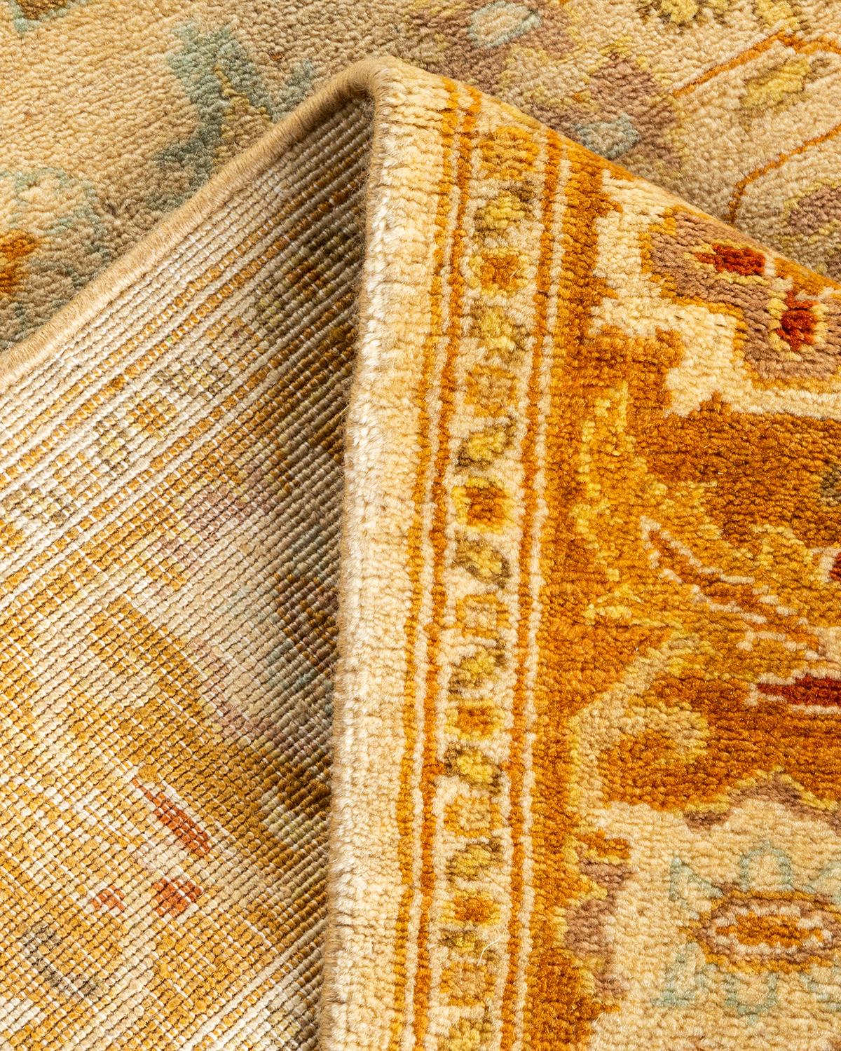 Traditional Floral Hand Knotted Wool Ivory Runner For Sale 1
