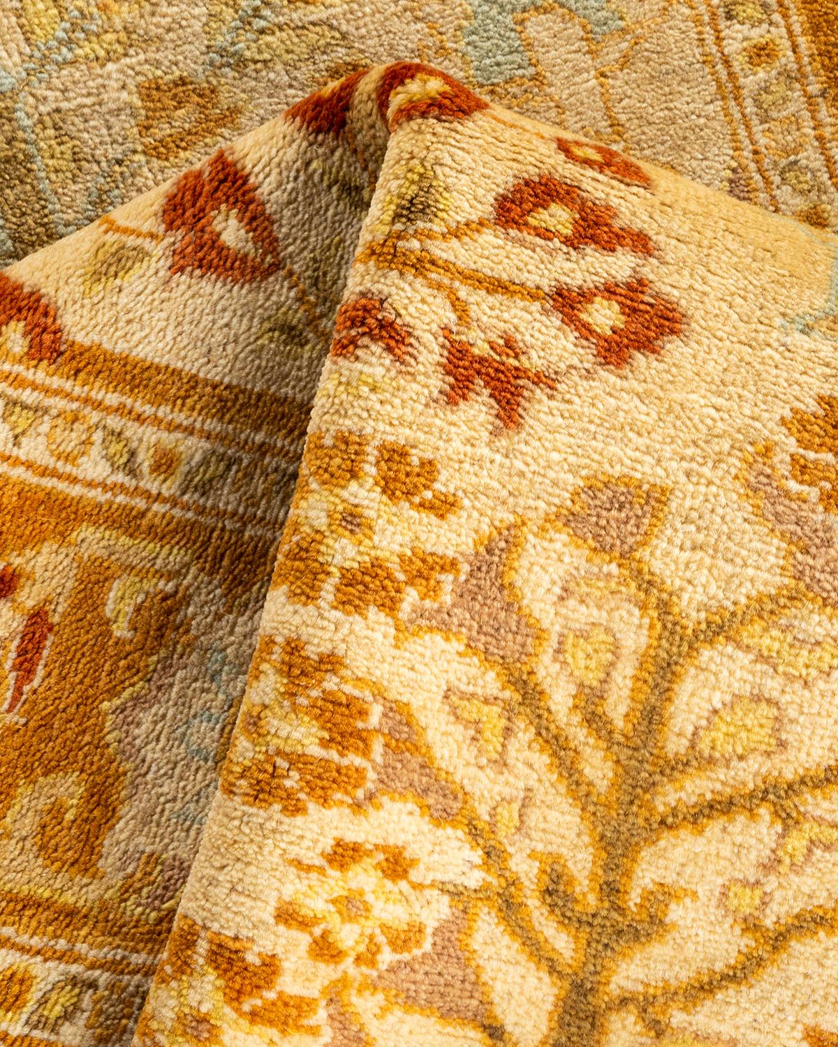 Traditional Floral Hand Knotted Wool Ivory Runner For Sale 2