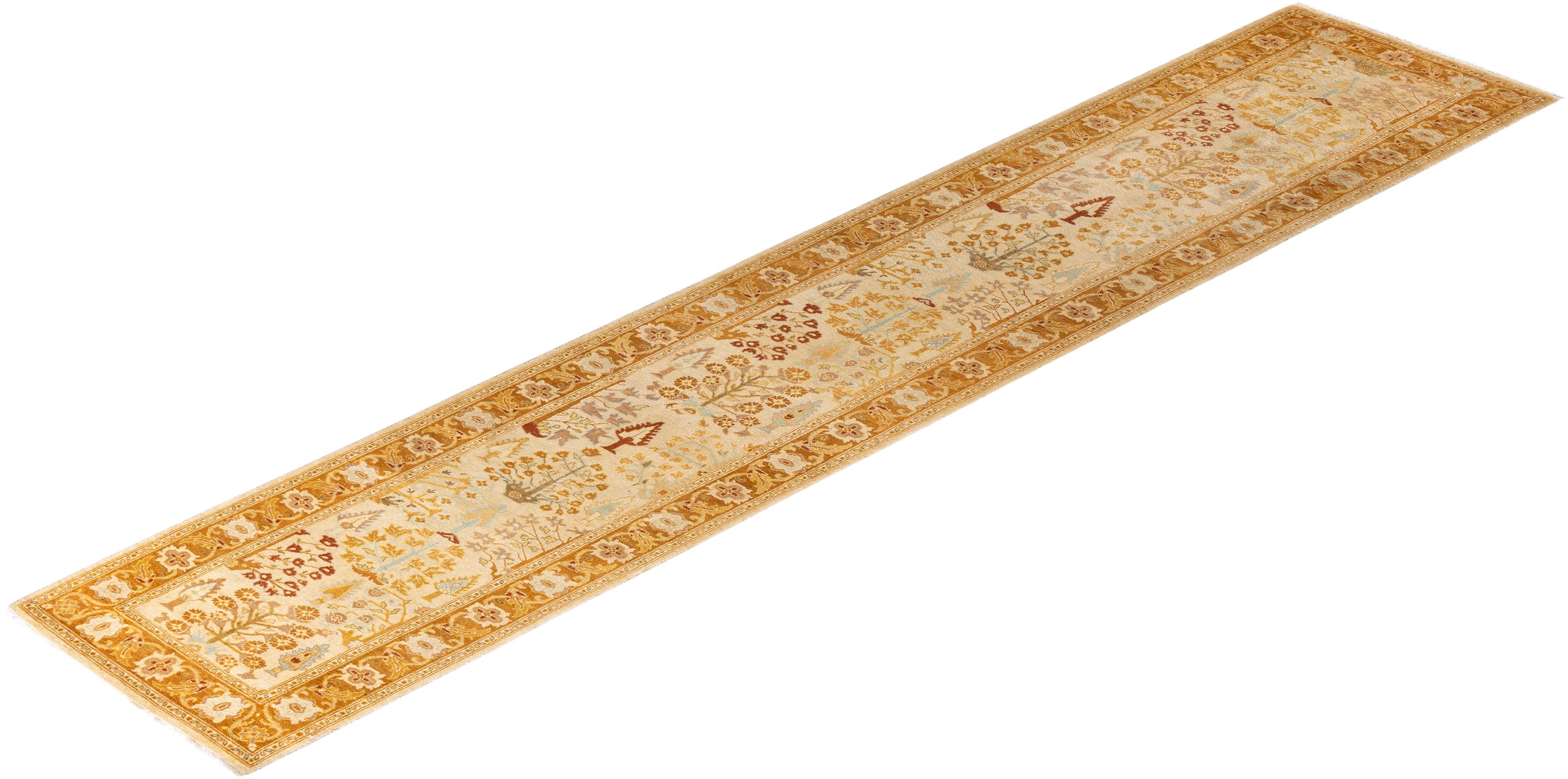 Traditional Floral Hand Knotted Wool Ivory Runner For Sale 3