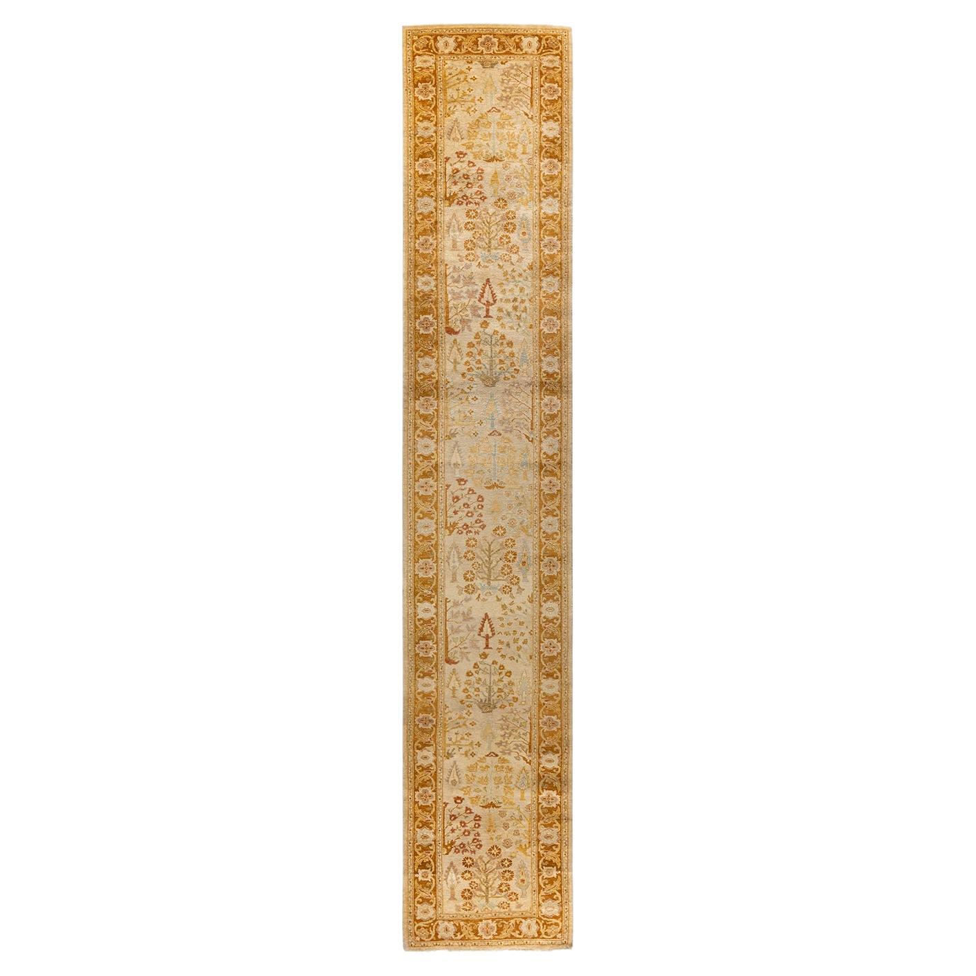Traditional Floral Hand Knotted Wool Ivory Runner For Sale