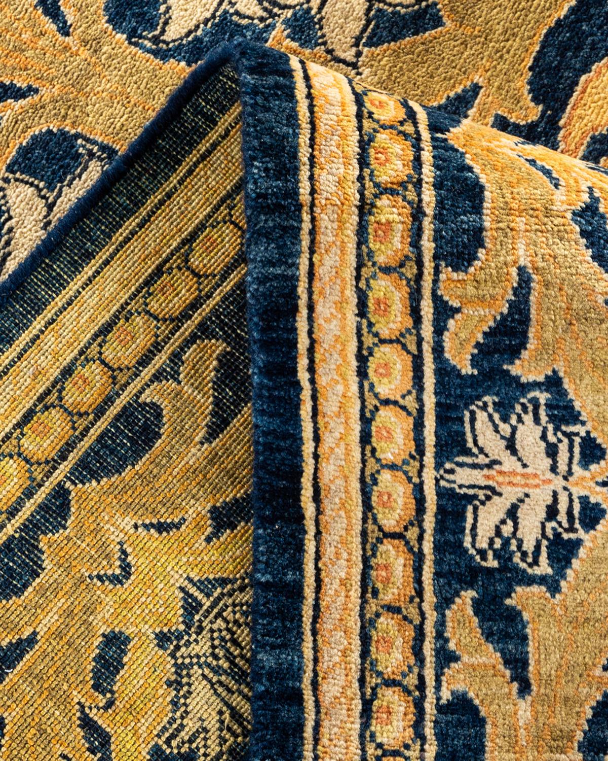 Traditional Floral Hand Knotted Wool Navy Area Rug For Sale 1