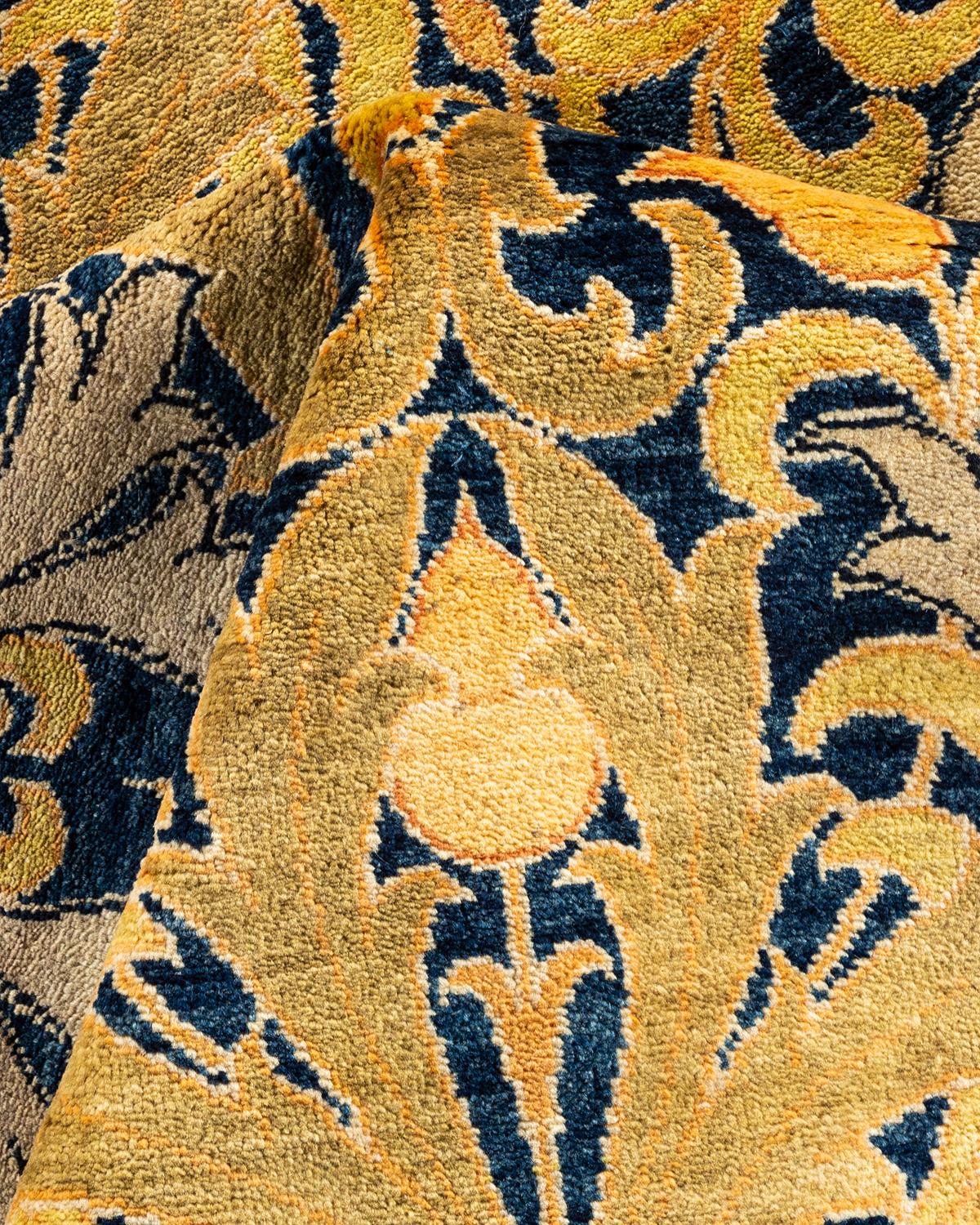 Traditional Floral Hand Knotted Wool Navy Area Rug For Sale 2