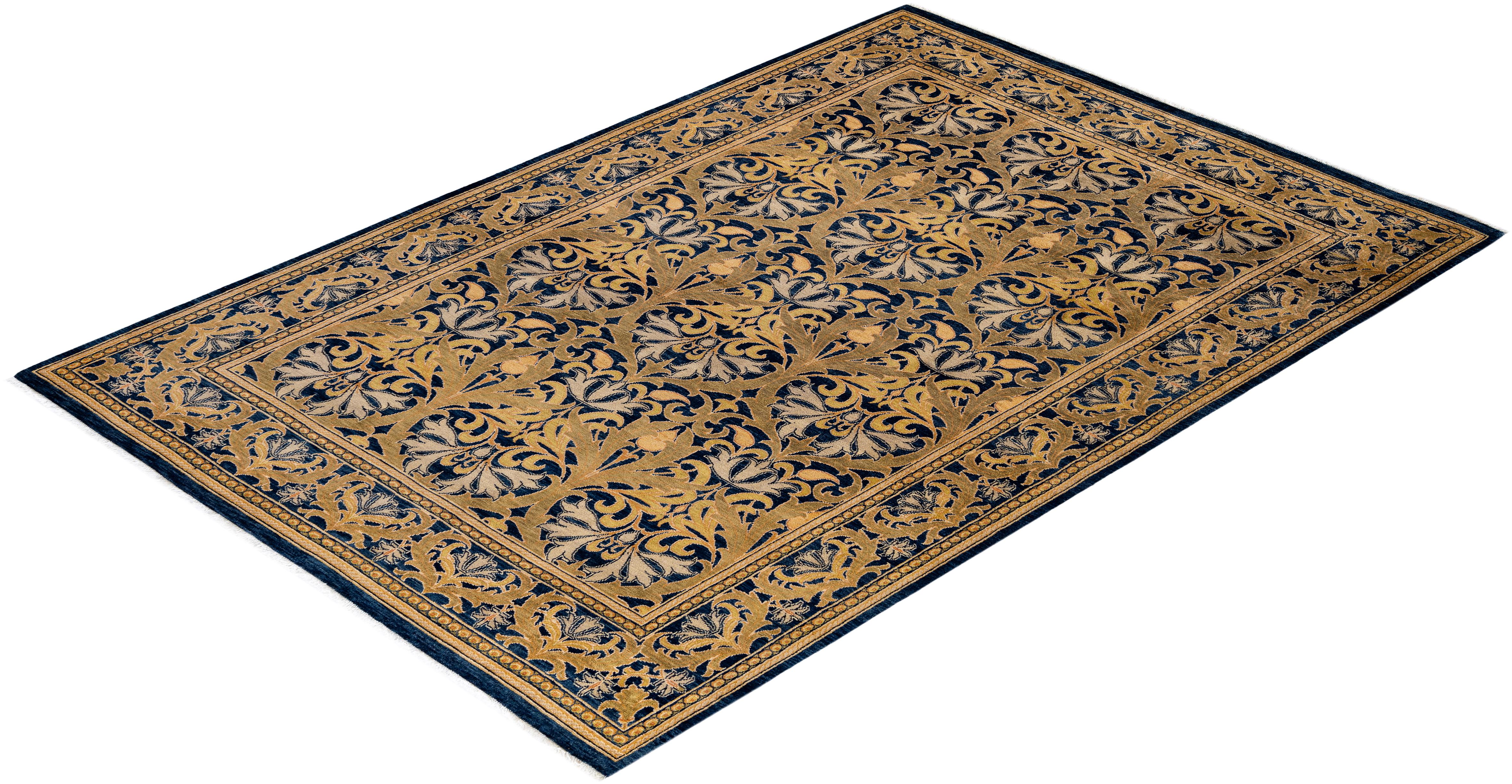 Traditional Floral Hand Knotted Wool Navy Area Rug For Sale 3
