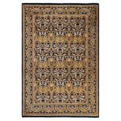 Traditional Floral Hand Knotted Wool Navy Area Rug