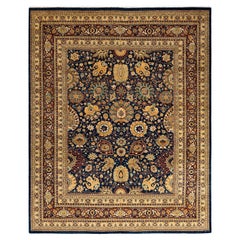 Traditional Floral Hand Knotted Wool Navy Area Rug