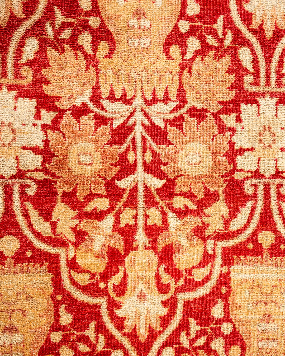 Pakistani Traditional Floral Hand Knotted Wool Red Area Rug For Sale
