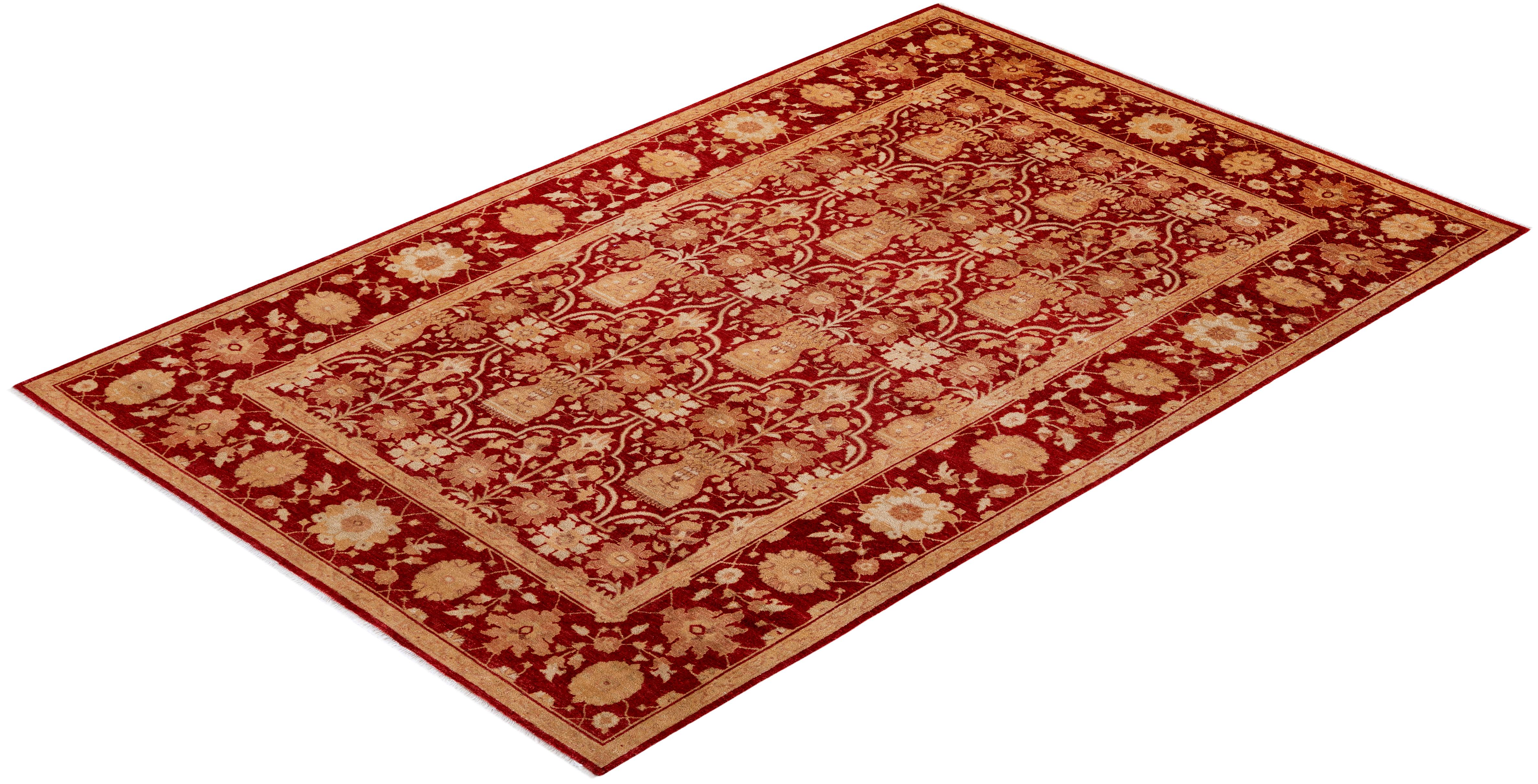 Traditional Floral Hand Knotted Wool Red Area Rug For Sale 3