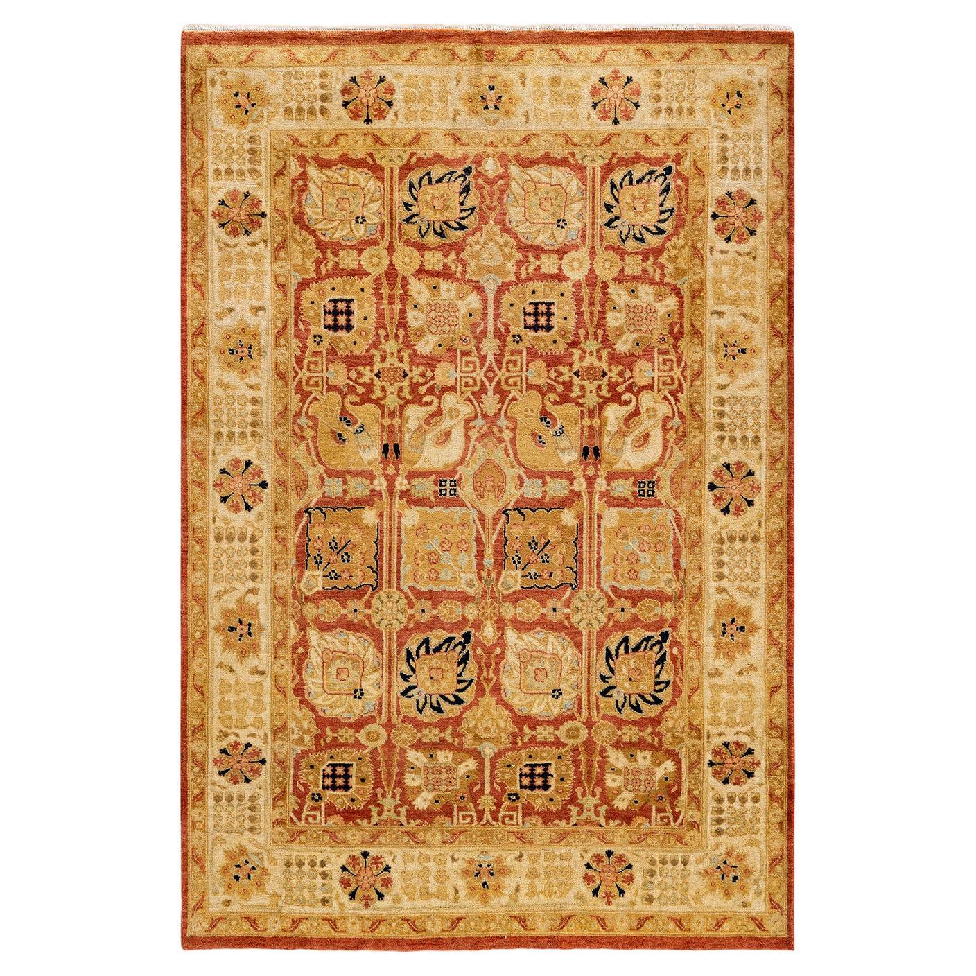 Traditional Floral Hand Knotted Wool Red Area Rug For Sale