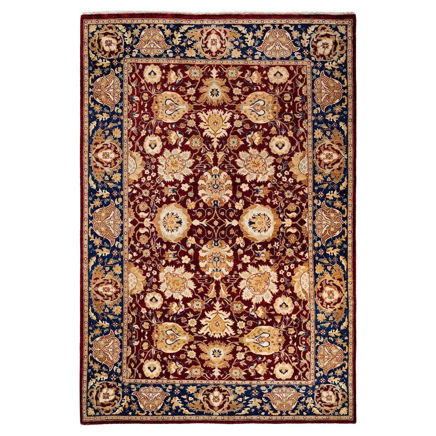 Traditional Floral Hand Knotted Wool Red Area Rug For Sale