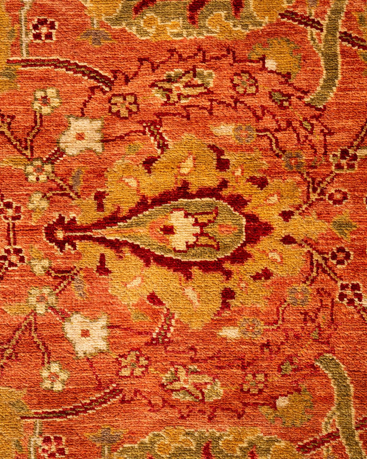 Pakistani Traditional Floral Hand Knotted Wool Red Runner For Sale