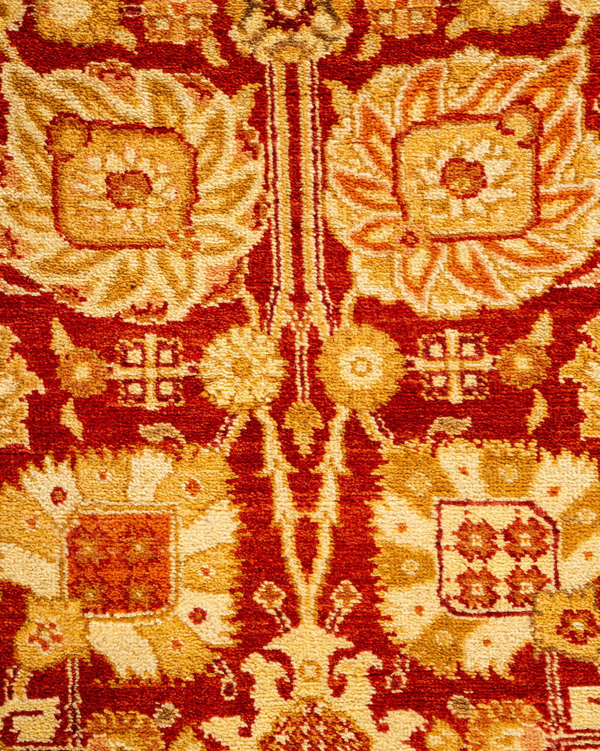 Pakistani Traditional Floral Hand Knotted Wool Red Runner For Sale