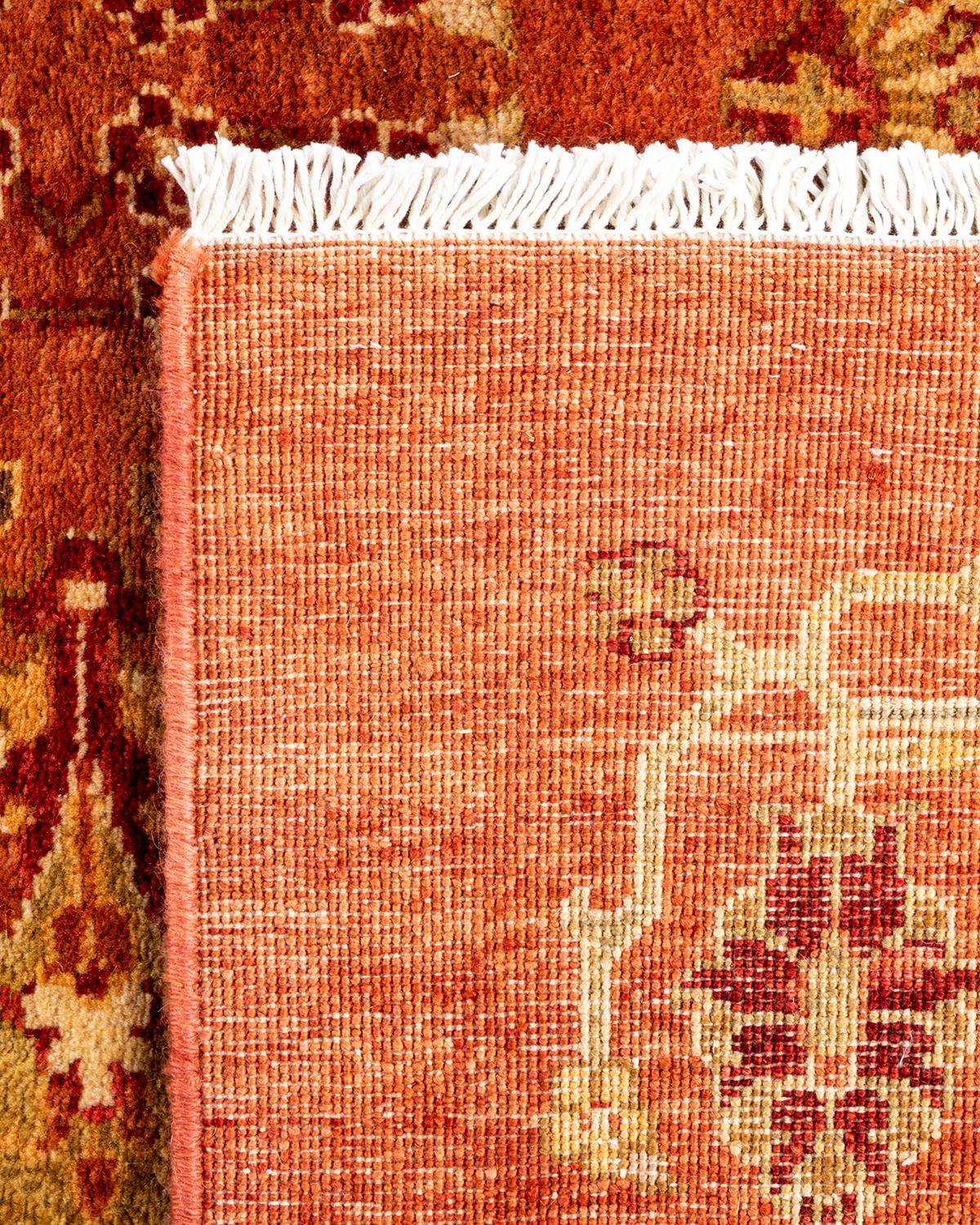 Contemporary Traditional Floral Hand Knotted Wool Red Runner