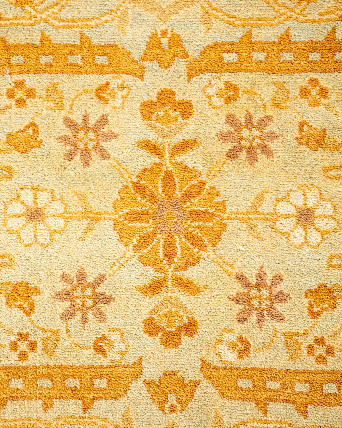 Pakistani Traditional Floral Hand Knotted Wool Yellow Area Rug For Sale