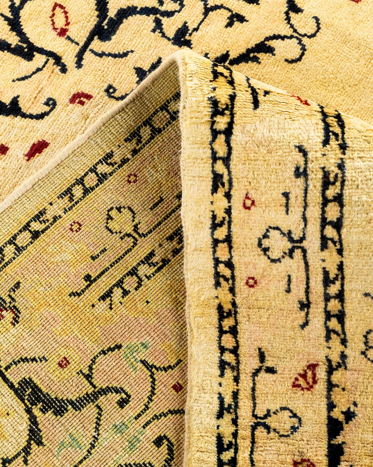Traditional Floral Hand Knotted Wool Yellow Area Rug For Sale 1